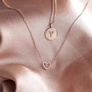 Rose gold layered necklaces with letter Y disc and sparkling crystal heart pendants
