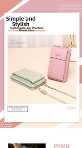 Two vertical crossbody phone bags in pink and green with floral daisy embroidery.
