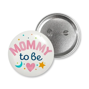 Front and back detail of Mommy to Be tinplate badge for baby shower gender reveal party