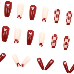 Red checkerboard and bow heart long coffin fake nails with glitter and ballet nail shape