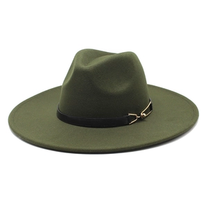 Detail of army green wool fedora hat with black leather strap and gold buckle accent