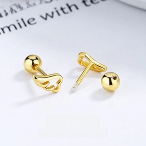 Detailed close-up of 18K gold plated angel wing screw-back earring with threaded ball closure