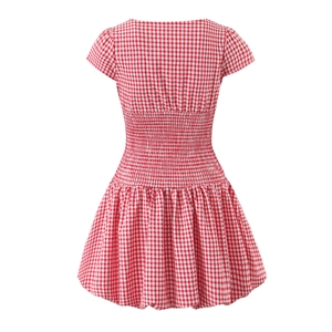 Detail of red and white plaid dress showing smocked back and elastic waist design