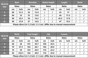 Detailed size chart for women short sleeve top and wide leg pants 2-piece lounge set
