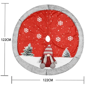 122cm Christmas tree skirt featuring red knit gnome and snowflake patterns on white background