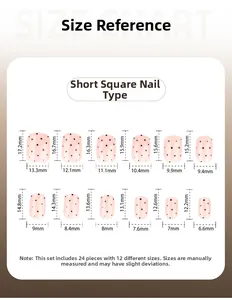 Size reference chart for short square press-on nails with 12 sizes and 24 pieces set