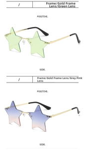 Close-up of star-shaped rimless sunglasses in green and gradient blue-pink lens