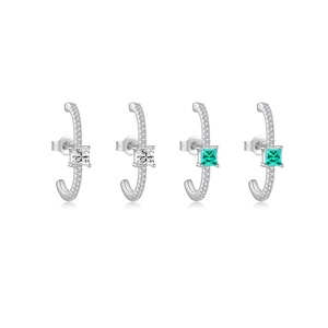 S925 sterling silver hoop earrings with emerald green and white square zircon stones