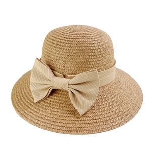 Women's summer straw sun hat with elegant bow and wide brim for beach vacation
