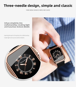Detail of rose gold rectangular quartz watch with black dial and Roman numerals