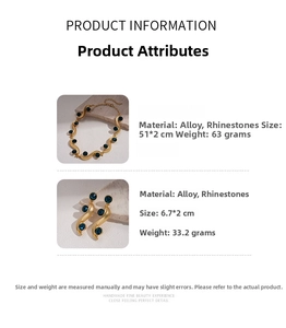 Detailed size specifications for gold wave necklace and rhinestone drop earrings