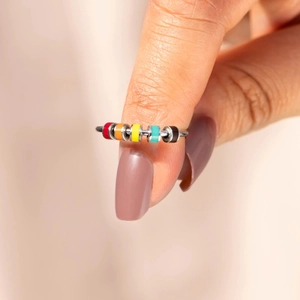 Rainbow enamel fidget ring for anxiety with colorful beads on s925 silver band