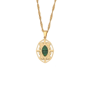 Vintage golden stainless steel necklace with oval malachite stone pendant on white background