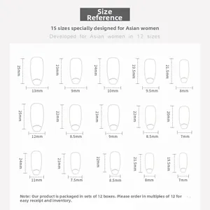 Size reference chart showing 15 different dimensions for medium ballet press-on nails