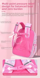 Pink schoolbag featuring S-shaped padded straps and ergonomic breathable back panel