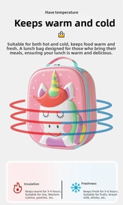 Detail showing unicorn lunch bag with 3-4 hours heat and 5-6 hours cold insulation features