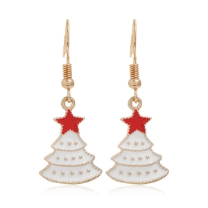Festive Christmas tree earrings with red stars and white enamel in gold alloy