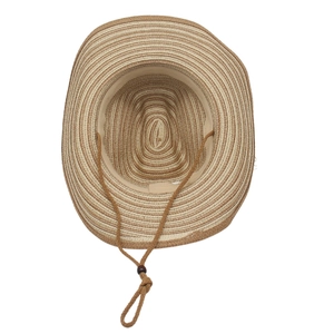Detail of striped straw cowboy hat featuring woven texture and adjustable chin strap