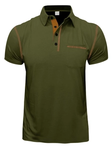Detail of army green polo shirt with contrast stitching, pocket, and three-button placket
