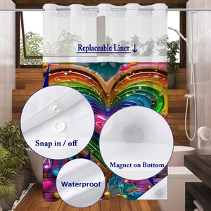 Detail of rainbow heart shower curtain with snap-in liner and weighted magnetic bottom