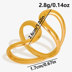 Detailed view of irregular 18k gold plated stainless steel ring with size dimensions