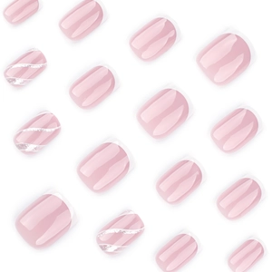 Faux ongles courts carrés avec pointes French blanches et vagues pailletées argent