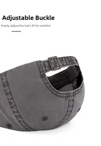 Detail view of the adjustable metal buckle and stitching on a washed cotton baseball cap