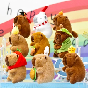 Detailed view of cute capybara plush keychains with various unique themed outfits