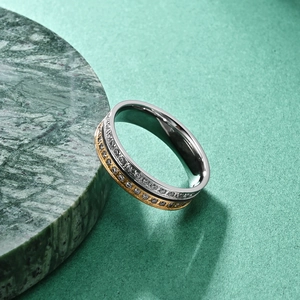 Two-tone titanium steel couple ring with gold and silver layers and sparkling cubic zirconia