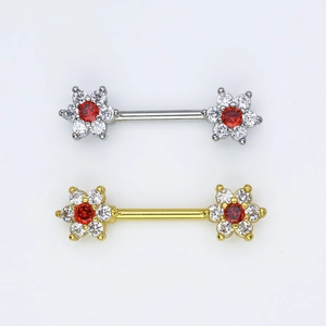 Floral zircon nipple rings in silver and gold finishes with red and white crystal accents