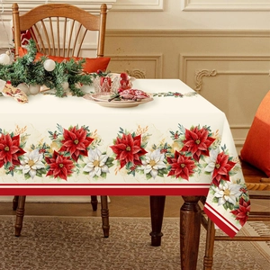 Waterproof Christmas tablecloth featuring festive red poinsettia floral patterns