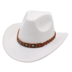 Chapeau De Cowboy Occidental Vintage Feutre Polyester Fedora Avec Bande Cuir Tressée Perles Turquoise Rivets Style Ethnique