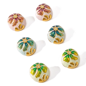 18k gold plated stainless steel asymmetrical flower earrings with enamel inlay