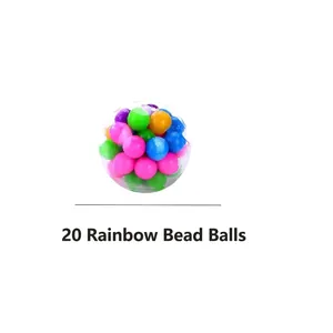 Detail of transparent squeeze ball filled with 20 pieces of colorful rainbow beads