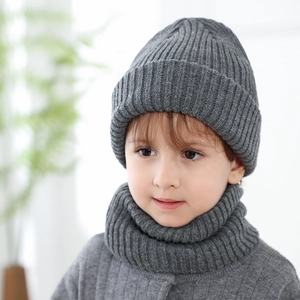 Kids winter ribbed knit beanie hat and scarf set in dark grey for autumn and winter
