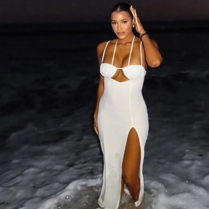 Women Halter Neck Maxi Dress Hollow Out Backless Side Slit Bodycon Solid Color Polyester Spandex Sleeveless Long Dress