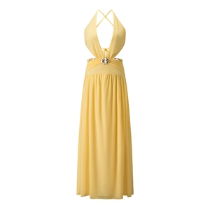 Elegant yellow halter dress with backless cut, V-neck, and golden floral waist detail