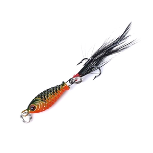 Detail shot of mini metal lure showing realistic scales, 3D eyes, and feather treble hook