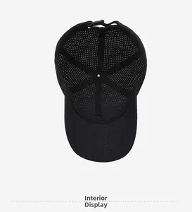 Detail view of the breathable mesh interior and perforated fabric of the black baseball cap