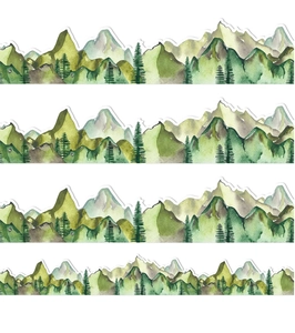 Detailed watercolor mountain and forest border stickers for classroom bulletin board decor