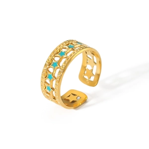 Detailed view of 18K gold plated star ring with blue enamel inlay and open adjustable design