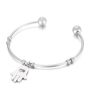 Adjustable silver Hamsa Hand bangle with bead accents and heart cutout in bohemian style