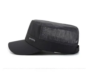 Detail view of the breathable mesh side and SPORTS embroidery on this black flat top cap