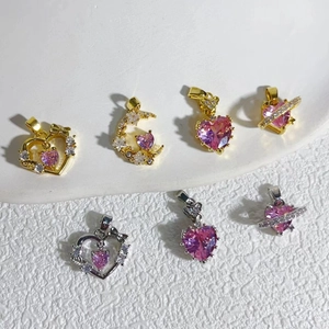 Pink heart crystal pendants in gold and silver plating for DIY jewelry necklaces