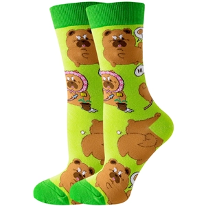 Detail of light green cotton crew sock featuring a cartoon bear and HI text pattern