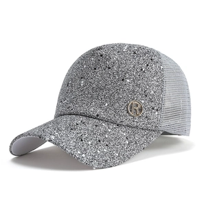 Glitter mesh baseball cap with silver sequins and metallic R logo emblem on side