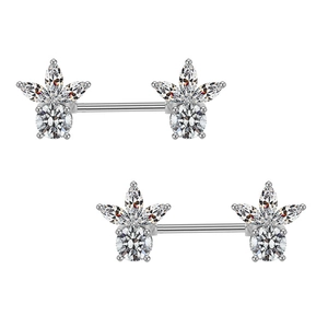 Silver nipple barbells with marquise zircon flower ends in surgical steel for women