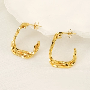Eleganti orecchini geometrici placcati oro 18K con triplo strato di linee curve dorate