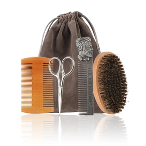 Men's beard grooming kit with wooden comb, metal scissors, boar bristle brush and storage bag