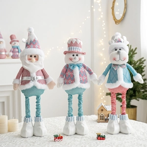Christmas Plush Doll Santa Snowman And Reindeer Knitted Fabric Metal Telescopic Standing Ornament Macaron Pink Blue